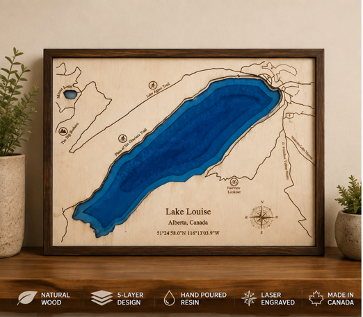 Lake Louise 5-Layer Wooden Map with Resin Water – Canadian Rockies Wall Art