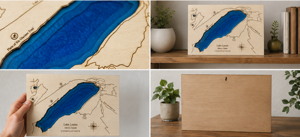Lake Louise 5-Layer Wooden Map with Resin Water – Canadian Rockies Wall Art