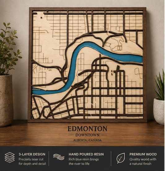 Edmonton Downtown 3-Layer Wooden Map with Resin River – Edmonton Wall Art