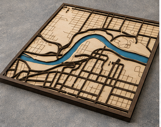 Edmonton Downtown 3-Layer Wooden Map with Resin River – Edmonton Wall Art
