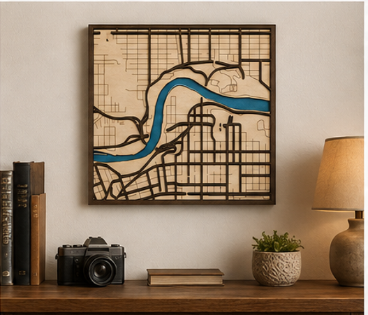 Edmonton Downtown 3-Layer Wooden Map with Resin River – Edmonton Wall Art